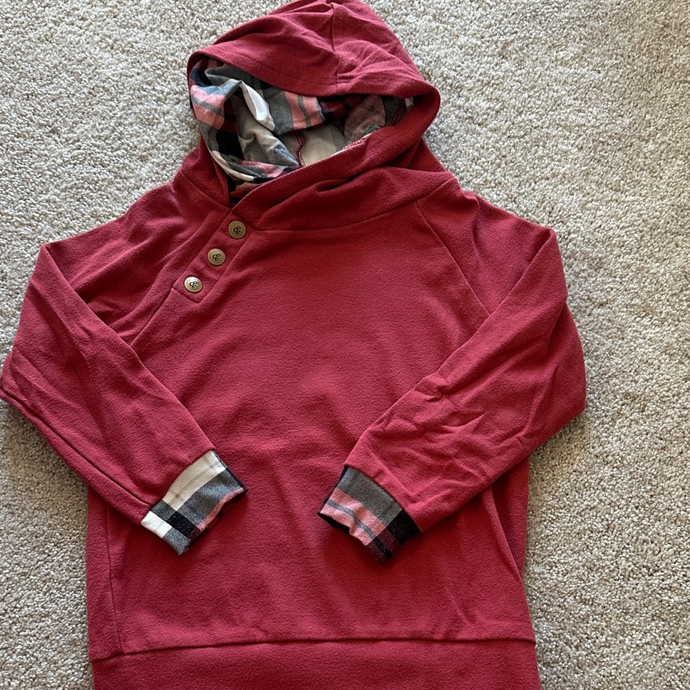 Red Hooded Sweatshirt with Plaid Accents
